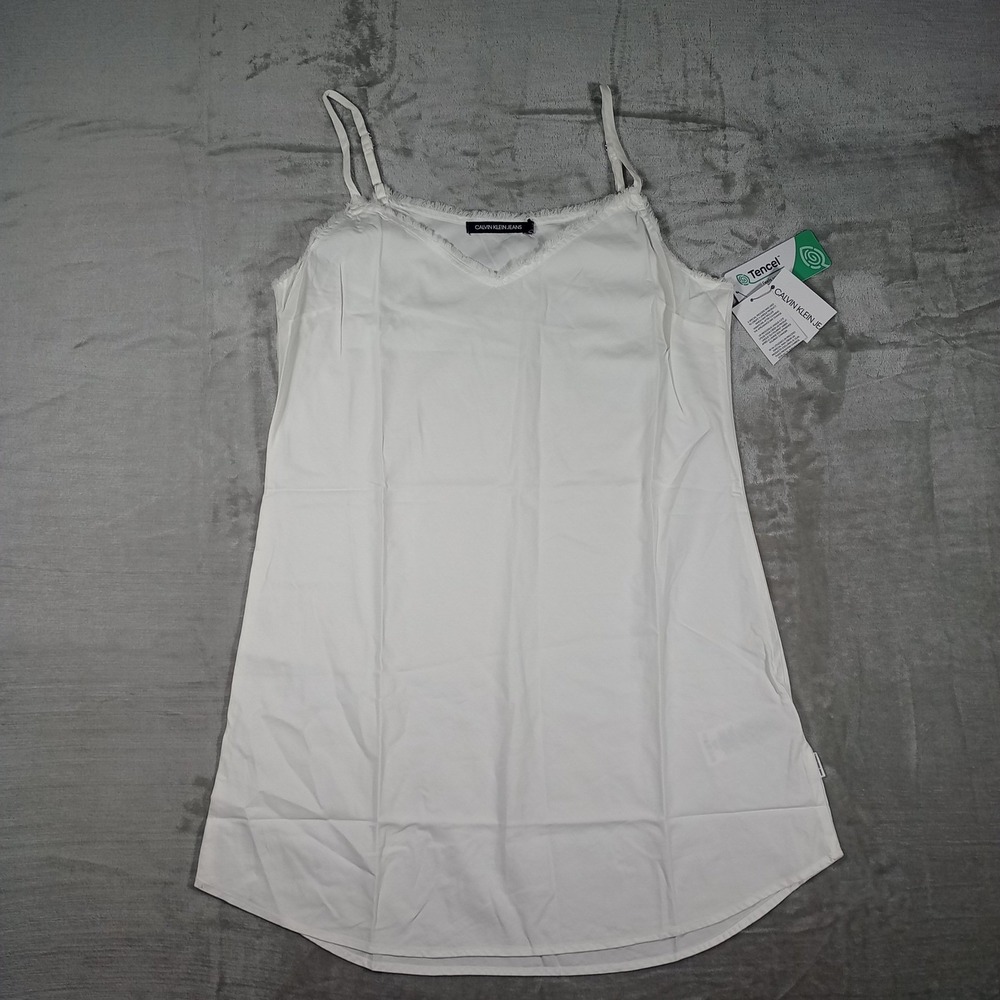 Calvin Klein Jeans Camisole Women M White Frayed V-Neck Tencel Cotton Tank Top